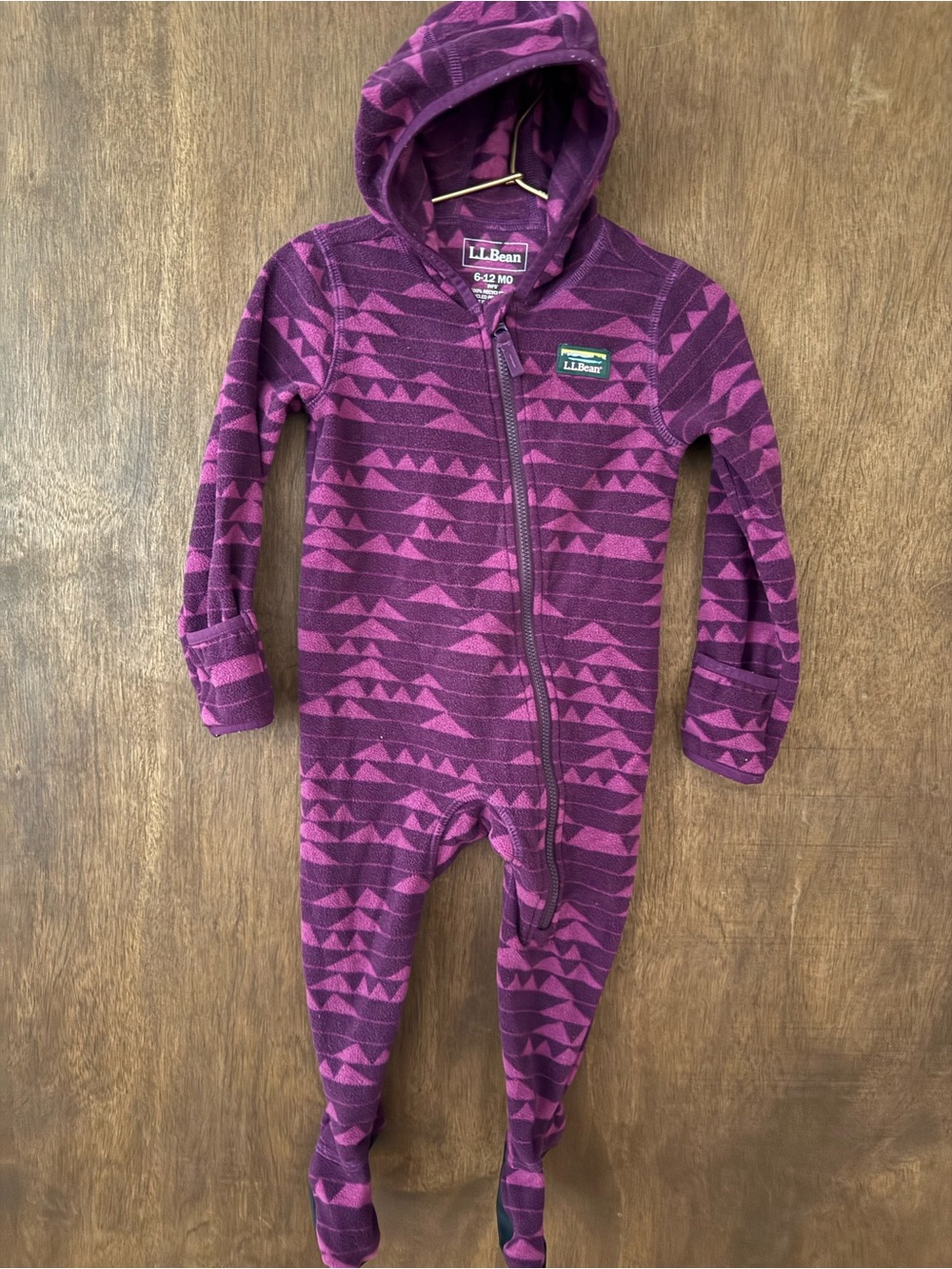 L.L. Bean Purple Geometric Fleece Hooded Footed One-Piece